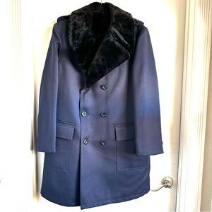70s Vintage Sears Men's Double-Breasted Navy Blue Overcoat Lined w Faux Fur MINT